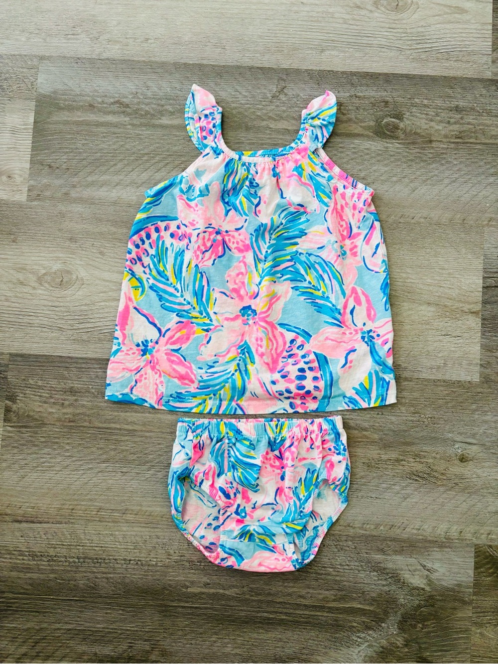 2 PIECE Lilly Pulitzer Pink, Blue & Yellow Floral Dress 6-12 Months